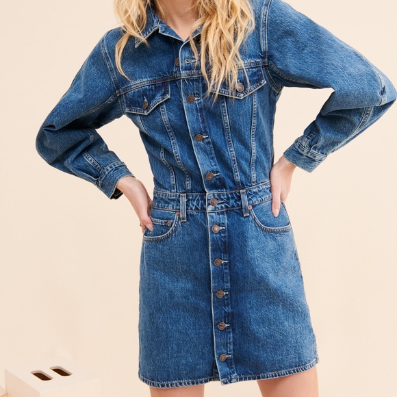 AGOLDE Balloon Curved Sleeve Denim Mini Dress Size 2 - Picture 1 of 14